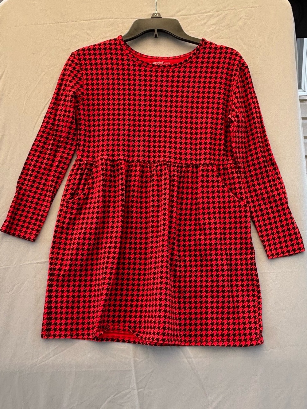Cat & Jack Girls Red Black Houndstooth Dress Long Sleeve Holiday Pockets L 10/12